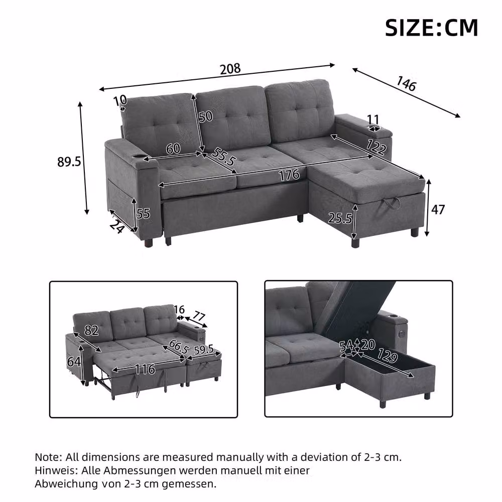 Tokpiedi 3-Seater L-Shaped Corner Sofa Bed with LED Lighting and Storage in Dark Grey Fabric – 2