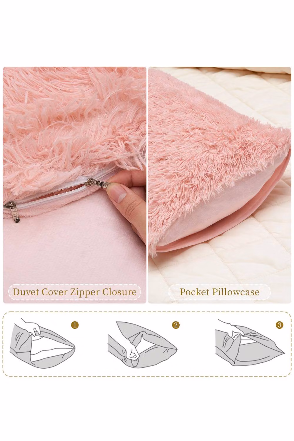 Living and Home 3-Piece Pink Faux Mink Fleece Duvet Set with Pillowcases, W/D/H: 200 x 200 cm – 3
