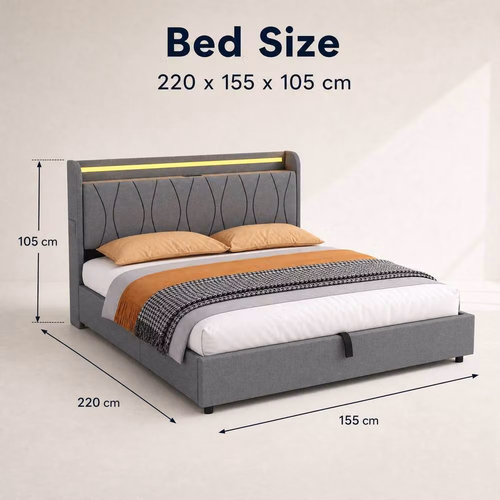 STILVORA King Upholstered Bed Frame in Grey with Hydraulic Storage, LED Lighting and USB Charging Ports, W/D/H: 180 x 200 cm – 3