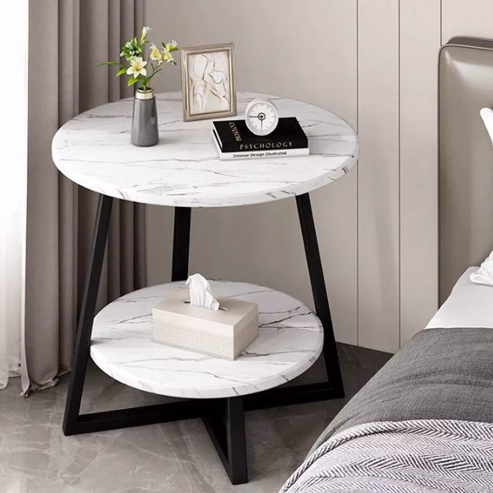 VOGREX Round 2-Tier Marble Sofa Side Table in White – 3