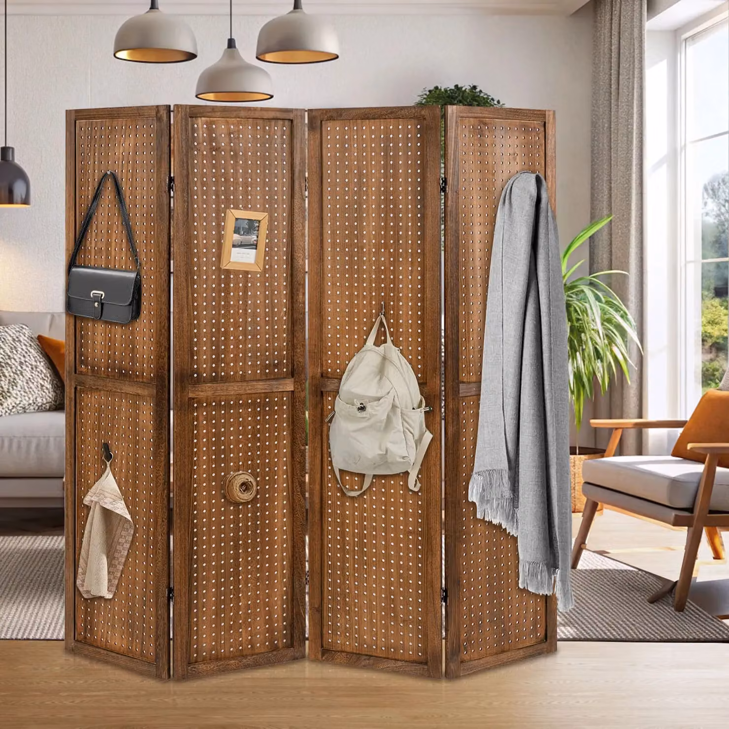 Gymax 4-Panel Brown Pegboard Folding Room Divider Privacy Screen, Height: 170 cm – 3