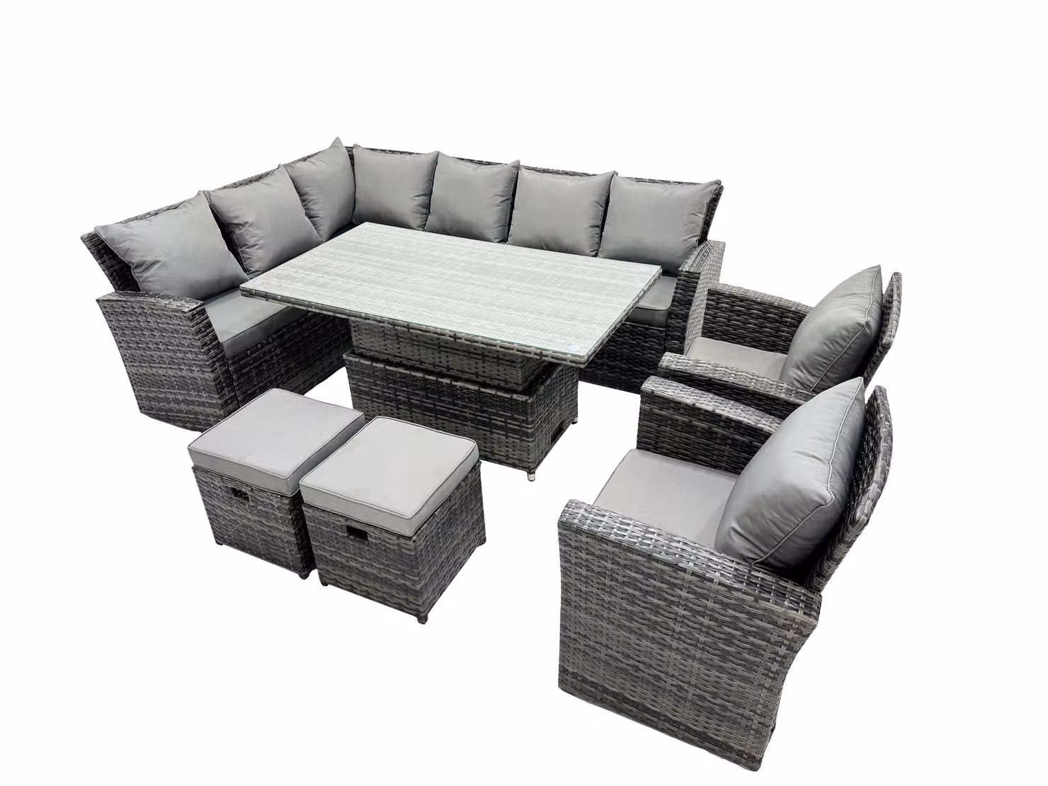 Fimous Poly Rattan Outdoor Patio Corner Sofa Set with 2 Small Stools and 2 Chairs in Dark Grey – 2