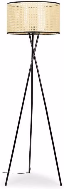ValueLights Camden Tripod Floor Lamp with Natural Cane Drum Shade in Black