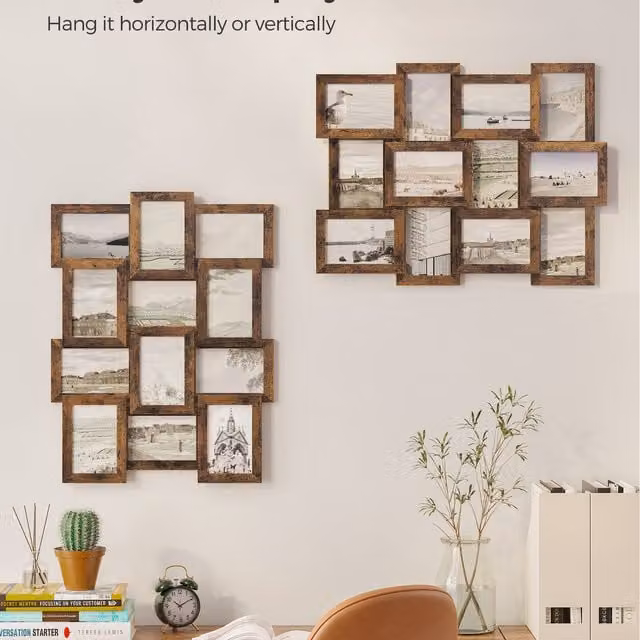 SONGMICS Brown Wood Collage Photo Frame Set for Wall, 12 Rectangular Frames