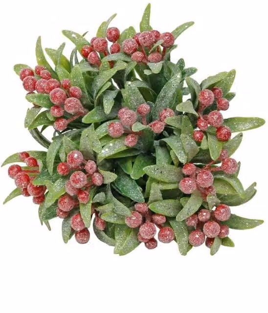 KDMD Frosted Red Berry Bunch with Green Leaves, 2 Pack