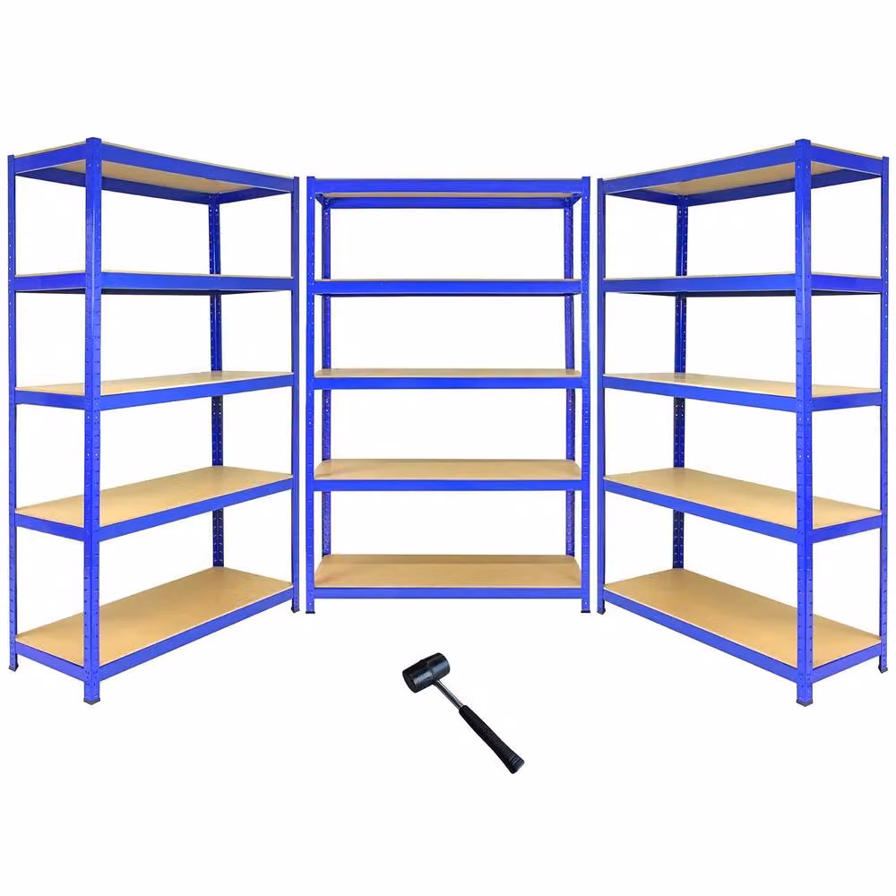 Monstershop T-Rax Pack of 3 Heavy Duty Garage Shelving Units, Blue Steel with MDF Shelves, H 180 x W 120 x D 45 cm – 2