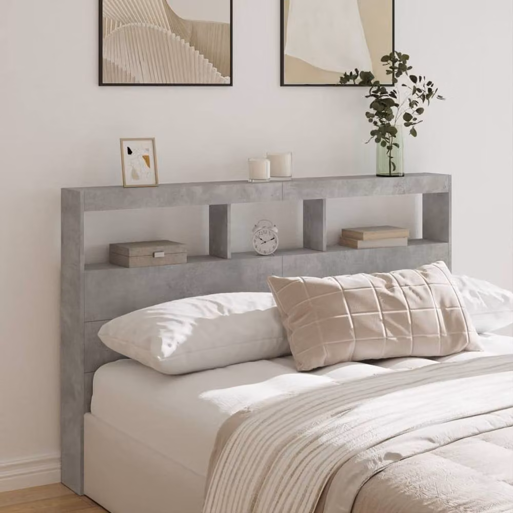 Berkfield Home Modern Headboard Cabinet with LED Lighting and USB Charging Port in Concrete Grey, W: 160 cm, D: 17 cm, H: 102 cm – 2