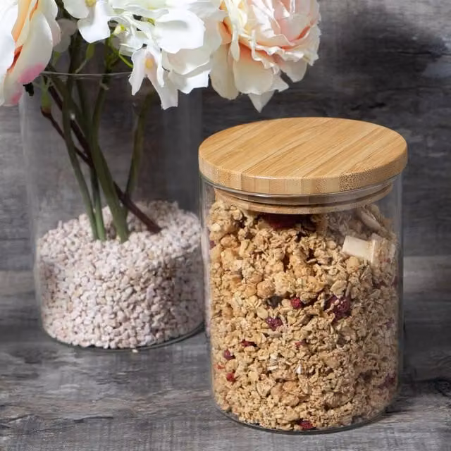 Argon Tableware Scandi Glass Storage Jar with Solid Wood Lid, Transparent and White, 1 l (Set of 3)