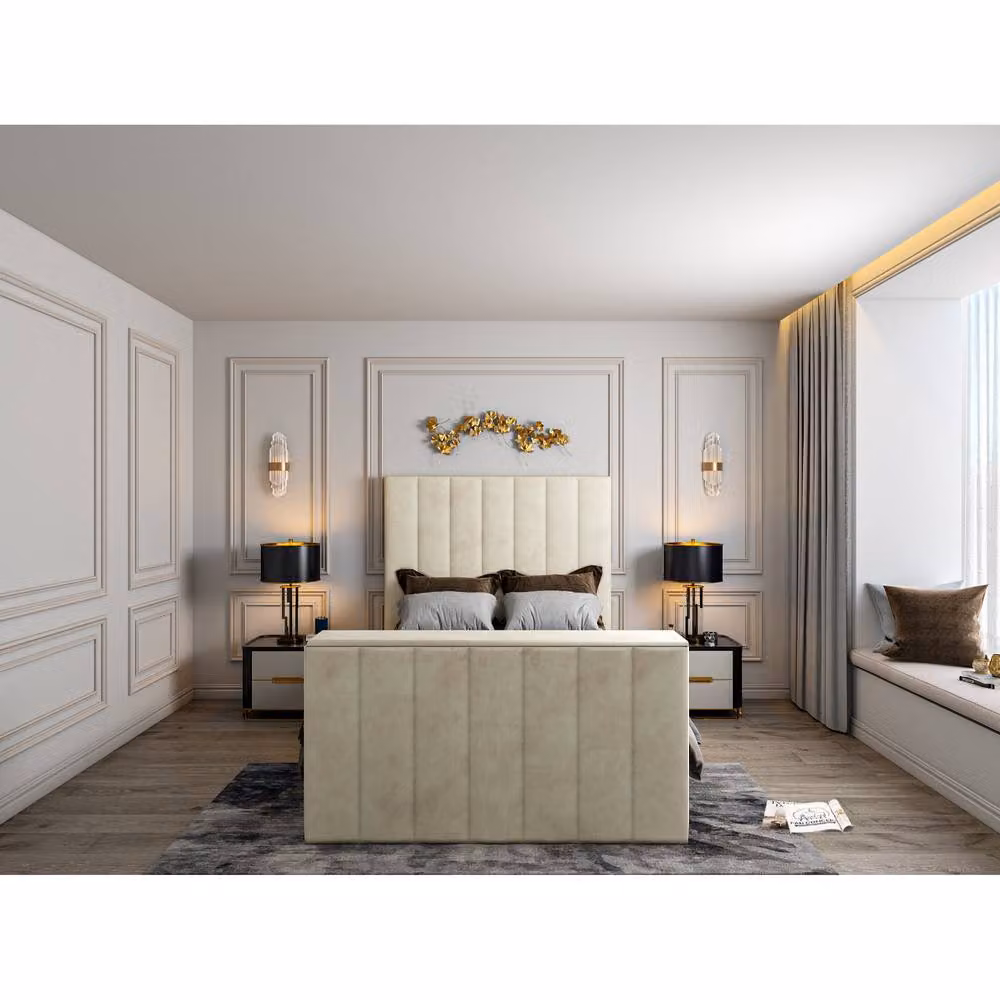 KDMD Vogue Upholstered Soft Velvet Single Bed Frame in Cream/Beige, W/D/H: 90 x 200 x 152 cm – 2