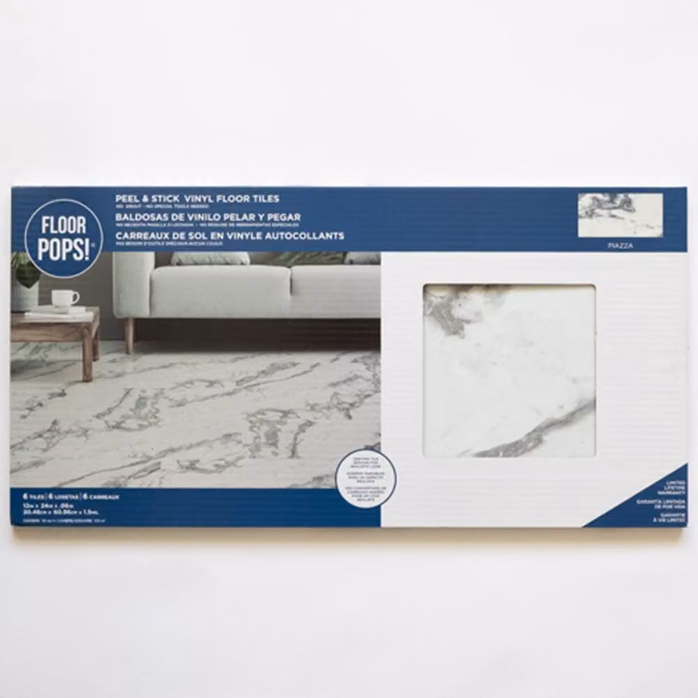 FloorPops Piazza Self Adhesive Vinyl Floor Tiles, White, Pack of 6 (1.12sqm), W: 30.5 cm x D: 60.96 cm – 2