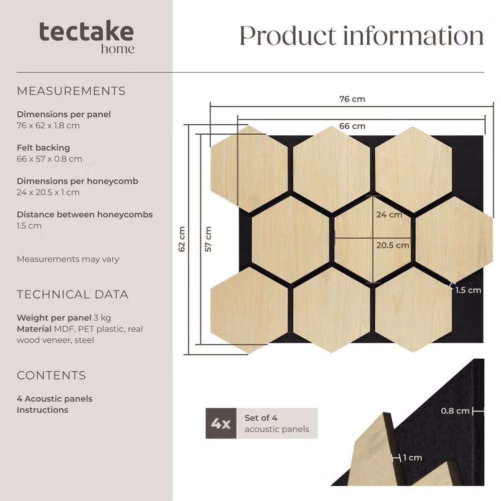 tectake Sound-Absorbing Acoustic Felt Panels in Light Oak Wood Look – 5