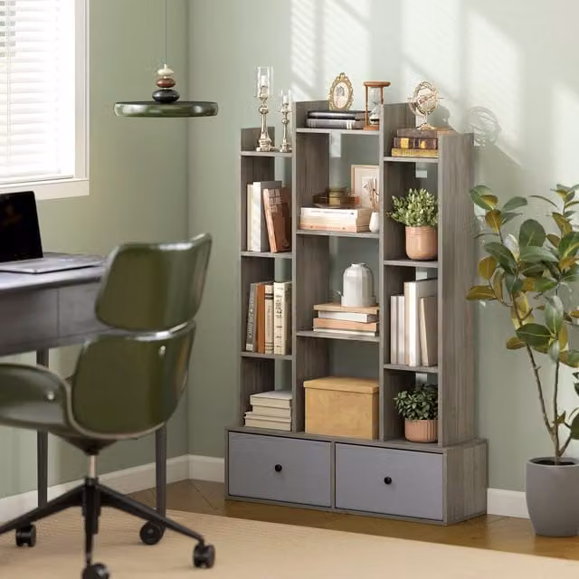 HOMCOM 12-Tier Tree Ladder Bookshelf with 2 Folding Drawers in Graphite Wood Effect