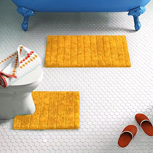 Allure Bath Fashions 2 Piece Ribbed Cotton Bath and Pedestal Toilet Mat Set in Yellow – 2