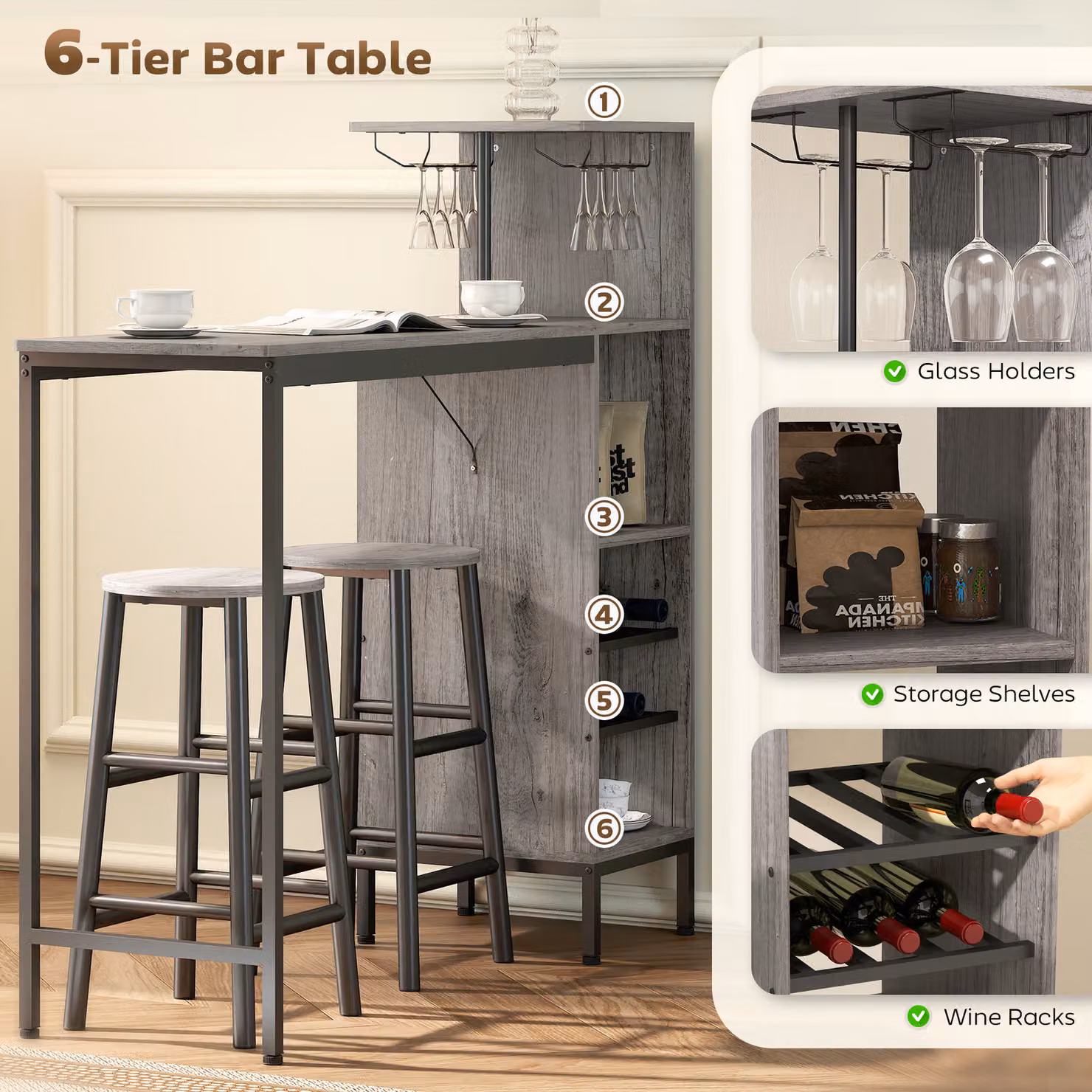 HOMCOM 3 Piece Dining Room Set with 6-Tier Rectangular Table and 2 Round Stools in Natural Wood and Metal Finish – 4