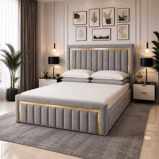 K Mehmood Enterprise Ltd Gold Striped Grey Velvet Upholstered Ottoman Bed Frame with Lift Up Base