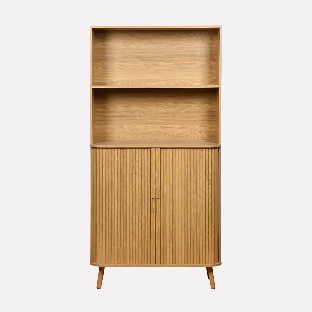 sweeek Mid-Century Wall Mounted Grooved Wood Library Shelf with 2 Sliding Doors and 4 Levels in Brown – 2