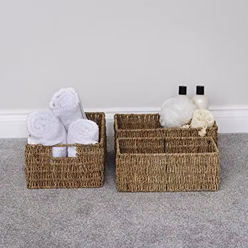 JVL Set of 3 Open Weave Seagrass and Metal Rectangular Storage Baskets in Beige and Sand – 2