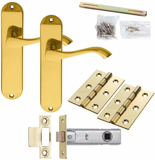 Loops Polished Brass Modern Scroll Door Handle and Latch Pack with Slim Rounded Backplate