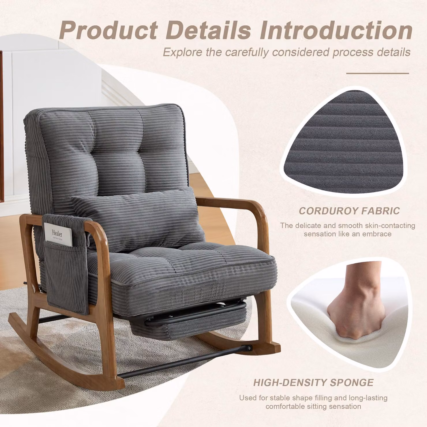 Aosom UK Grey Corduroy Rocking Chair with Adjustable Footrest and Side Pocket, W/D/H: 80 x 92 x 70 cm – 3