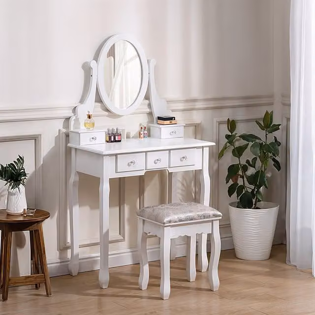 Lifeideas Classic Wooden Dressing Table with Mirror and Stool in White, Width: 138.5 cm