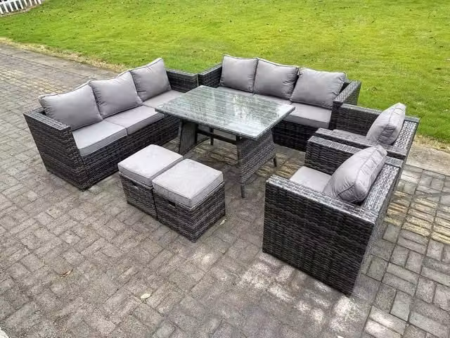 Fimous Rattan Garden Dining Set in Dark Grey with Patio Table, 2 Armchairs and Small Footstools