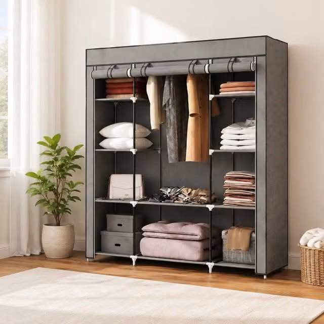 STILVORA Modern Grey Wardrobe with Roll Shutter Doors, Internal Shelves and Hanging Rod, H 162.5 x W 150 x D 43 cm – 1