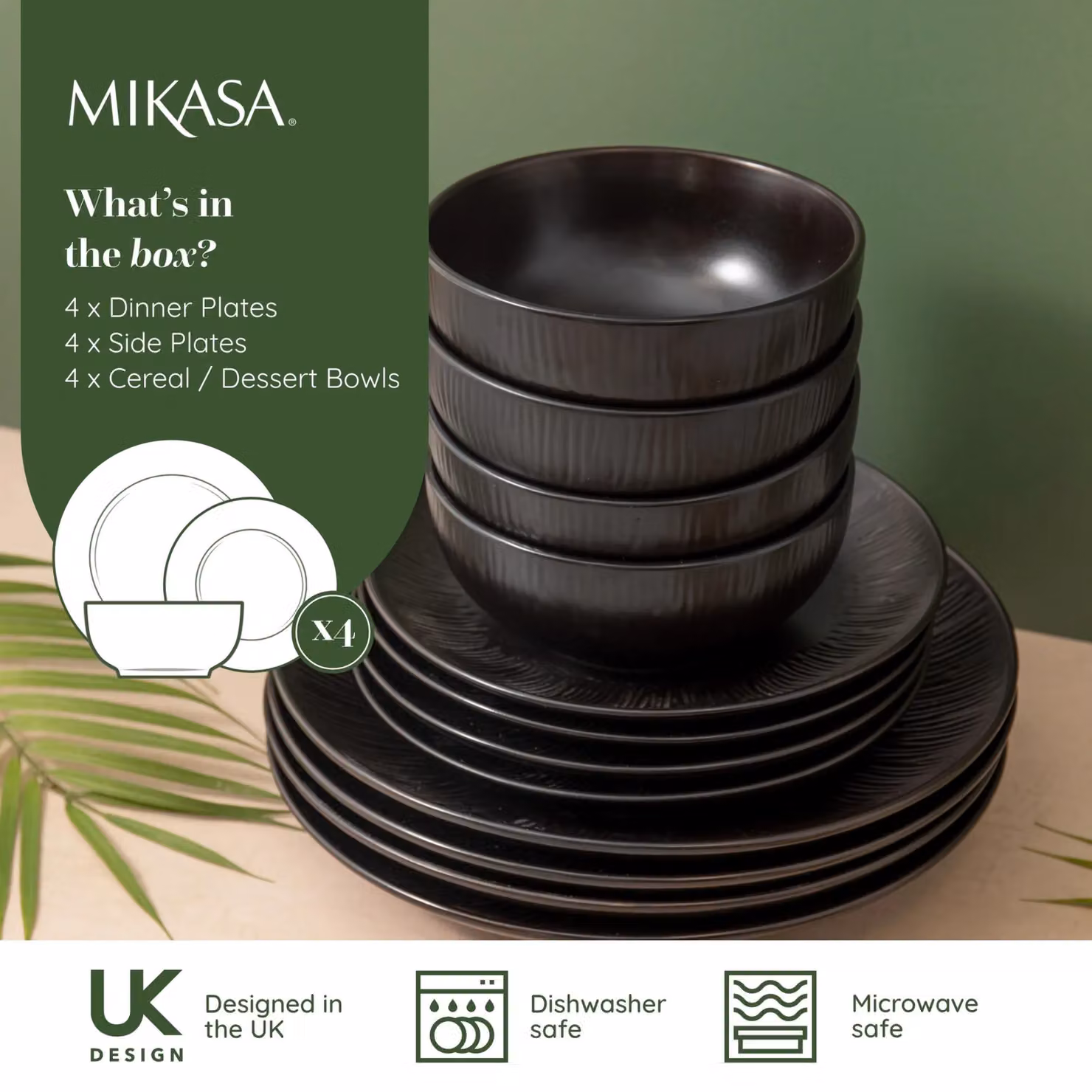 Mikasa Jardin Midnight 12-Piece Stoneware Dinner Set in Black with Floral Design – 9