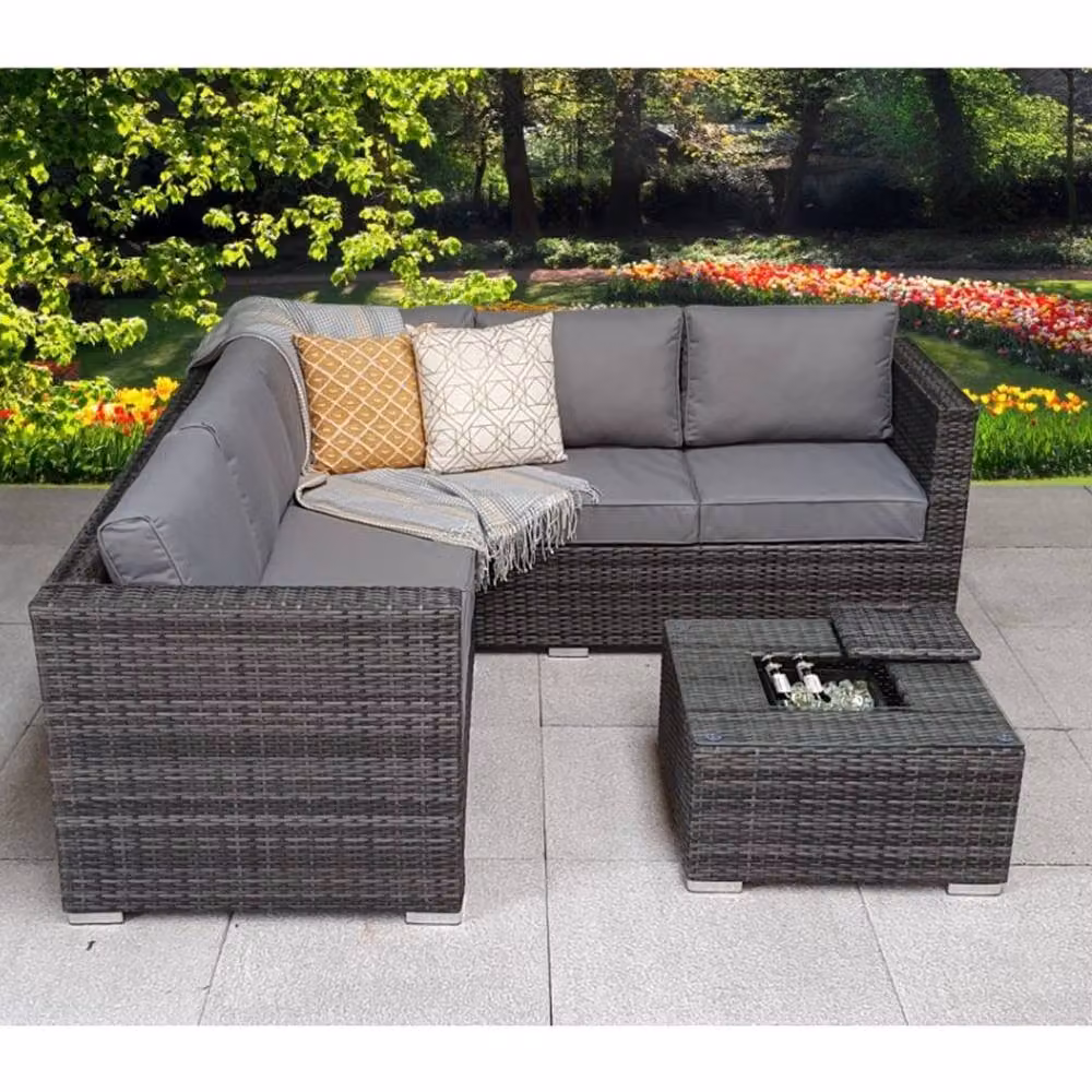 FURNITURE ONE 5 Seater L-Shape Rattan Patio Corner Sectional Sofa with Ice Bucket Coffee Table in Grey – 2