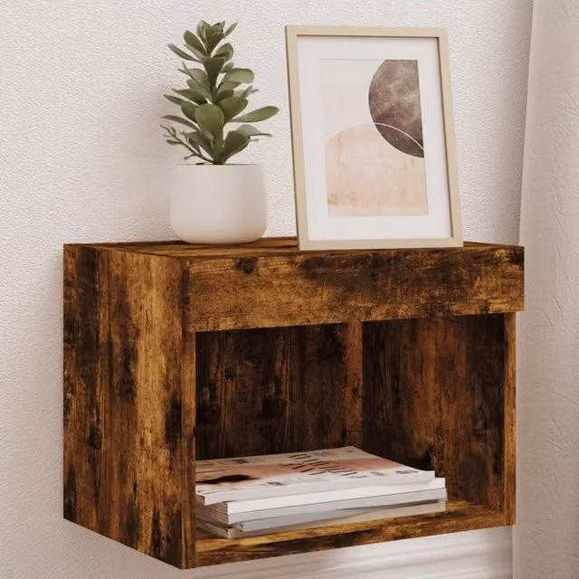 Berkfield Home Set of 2 Wall-Mounted Bedside Cabinets with Integrated LED Lights in Smoked Oak Brown – 1