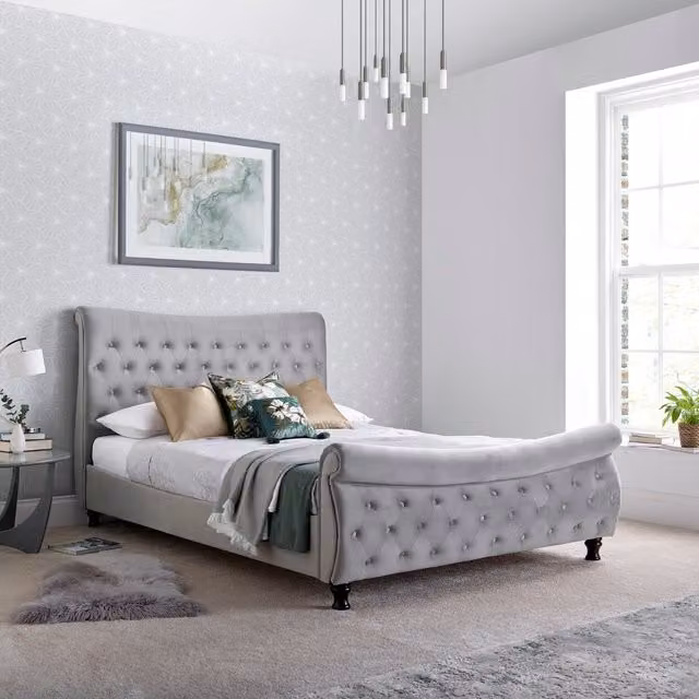 Bedmaster Grey Velvet Chesterfield Upholstered Sleigh Bed W: 140 cm, L: 200 cm