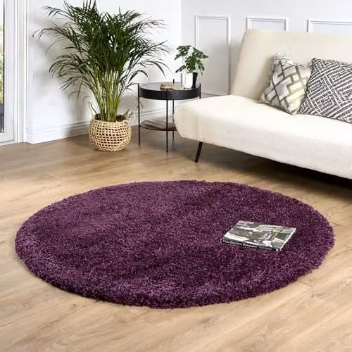 Bravich Round Purple Shaggy Rug, Aubergine, Diameter: 120 cm, Pile Height: 5 cm