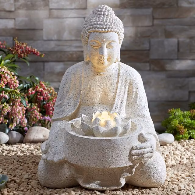 Serenity Buddha LED Lotus Tabletop Water Fountain in Light Grey