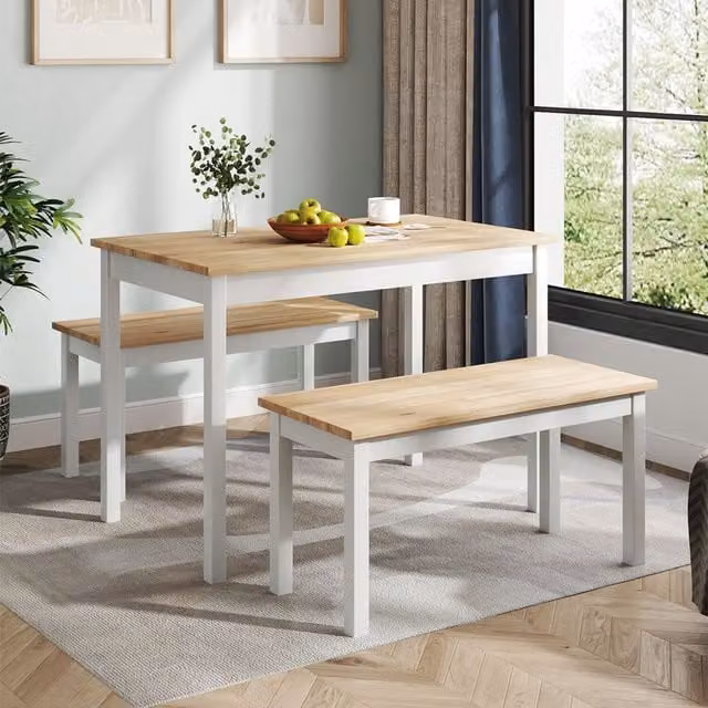 Livingandhome Scandinavian Rectangular Dining Table and Benches Set in Matt White