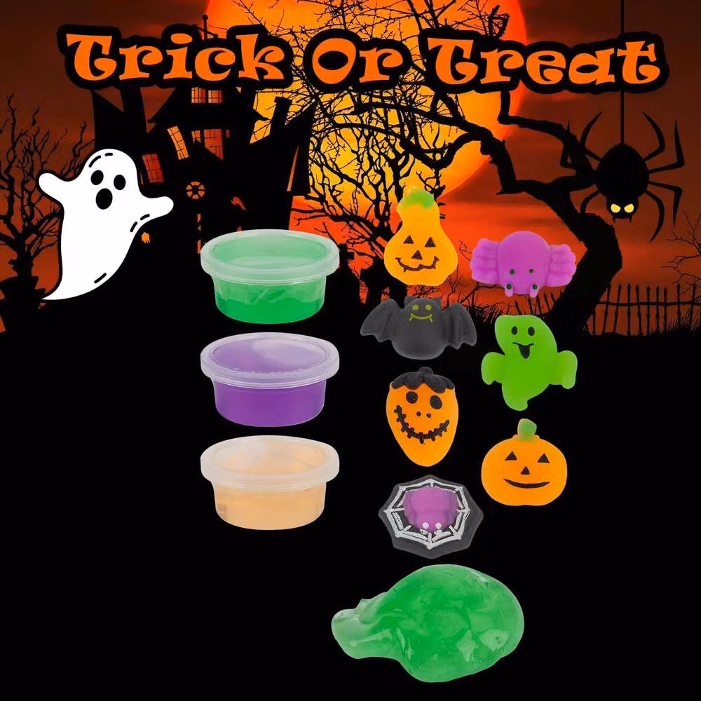 VFM e-Store Halloween Slime with Toy Accessories, 12 Pack, Orange, Green and Purple – 3