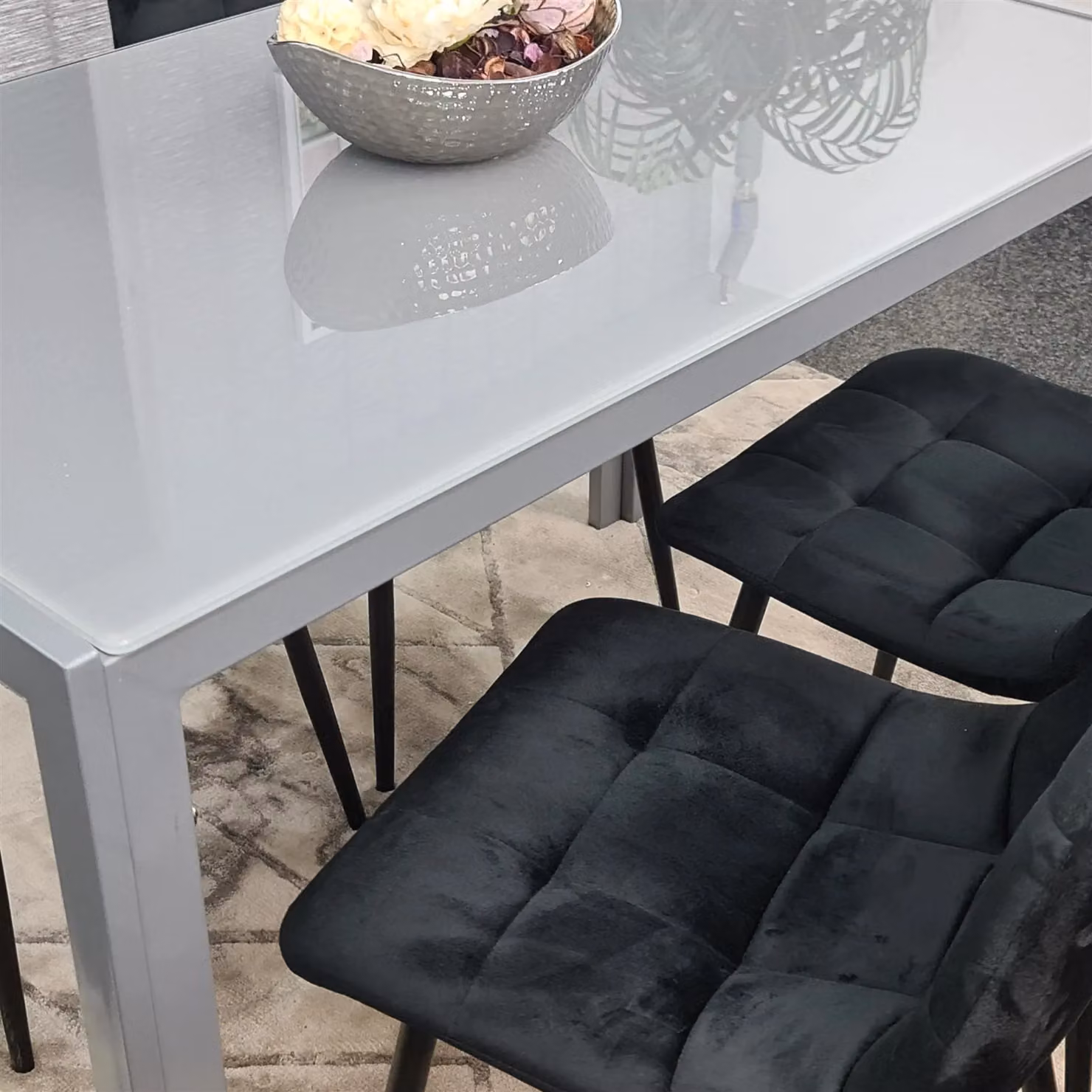 KOSY KOALA Modern Grey Glass Rectangular Dining Table with 4 Black Velvet Chairs and Brown Metal Legs – 6