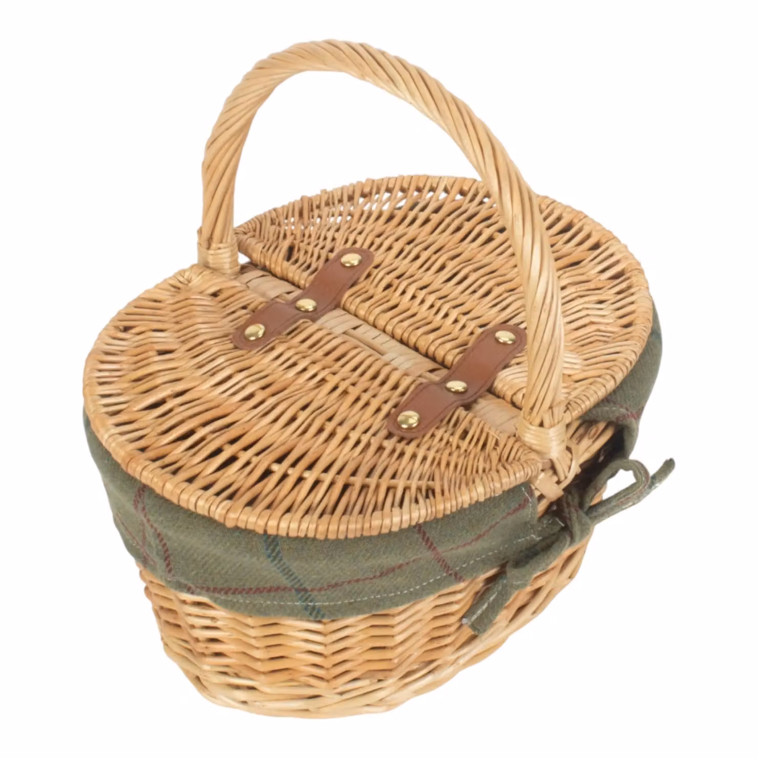 Red Wicker Child's Oval Lidded Picnic Basket with Handles in Green and Brown