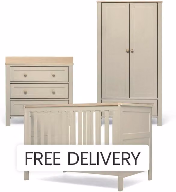 Mamas & Papas Wedmore 3 Piece Small Cotbed Nursery Furniture Set in Cashmere and Oak, including Convertible Cotbed, Dresser Changer and Wardrobe