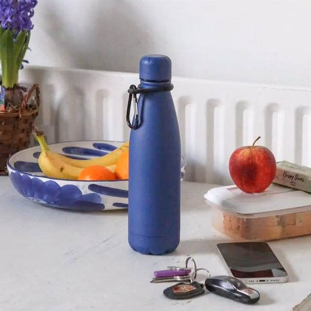 Harbour Housewares Leakproof Stainless Steel Water Bottle with Carabiner Clip in Blue