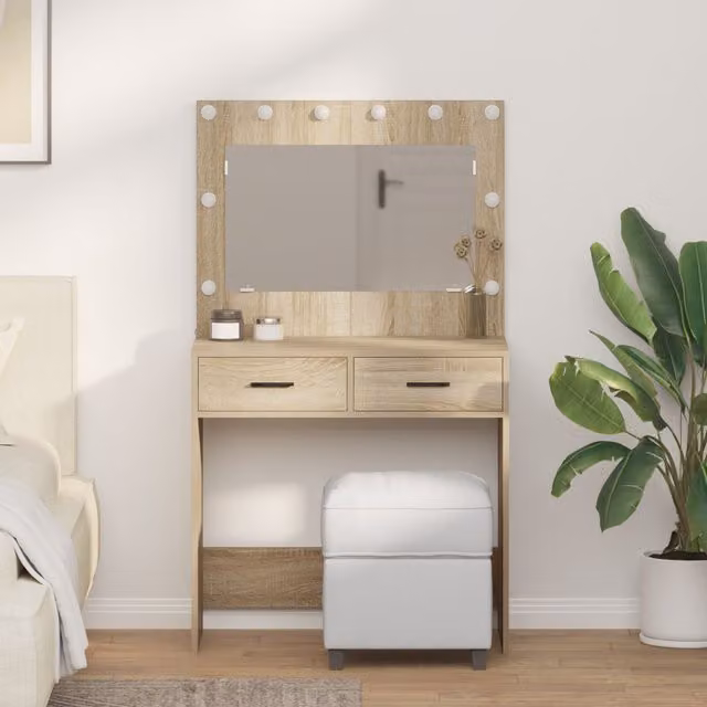 Berkfield Home Sonoma Oak Dressing Table with Hollywood LED Lights in Beige, W/D/H: 78.5 x 41 x 135 cm – 1
