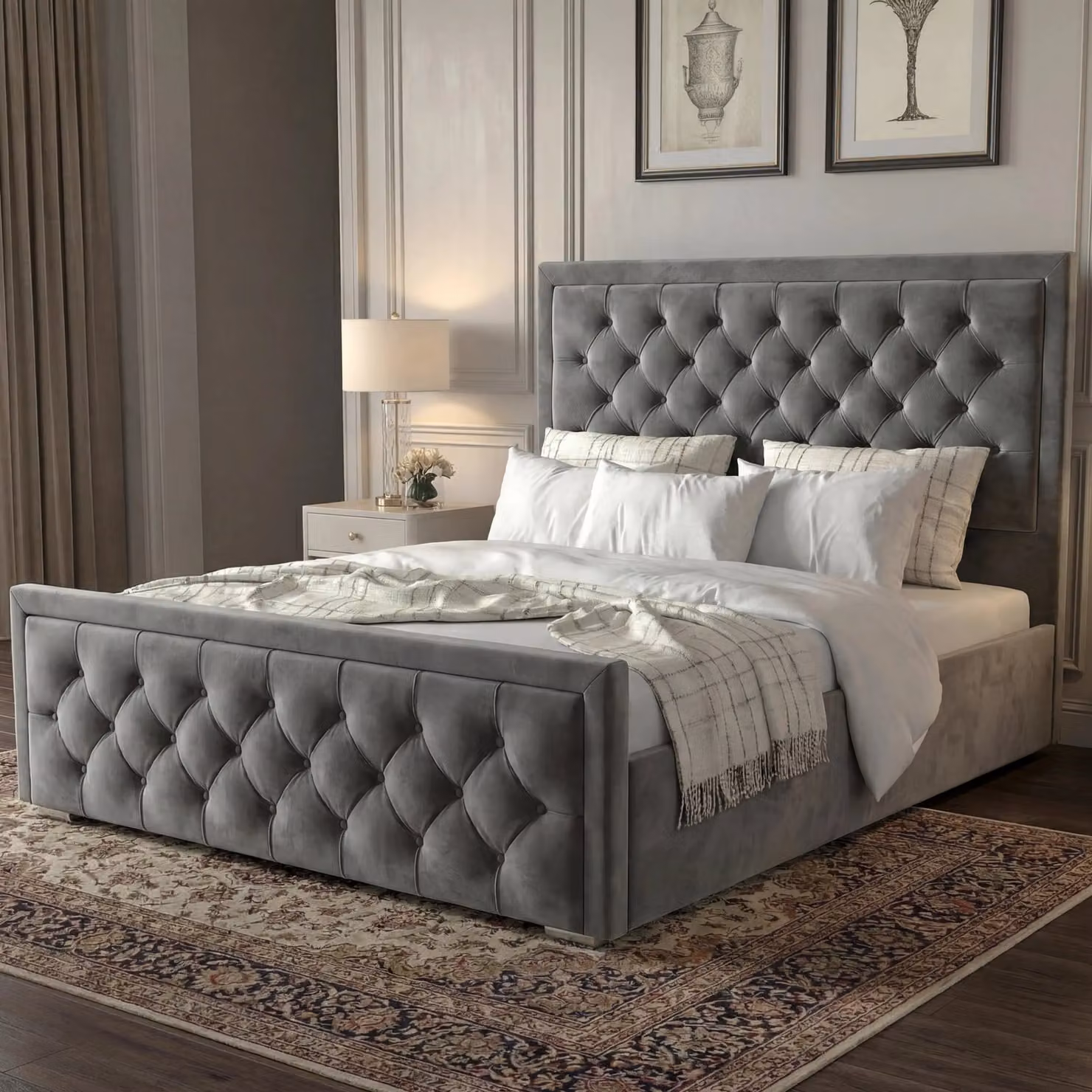 DHS Cross Puffed Velvet Ottoman Storage Bed Frame in Grey, King Size (180 x 200 cm)