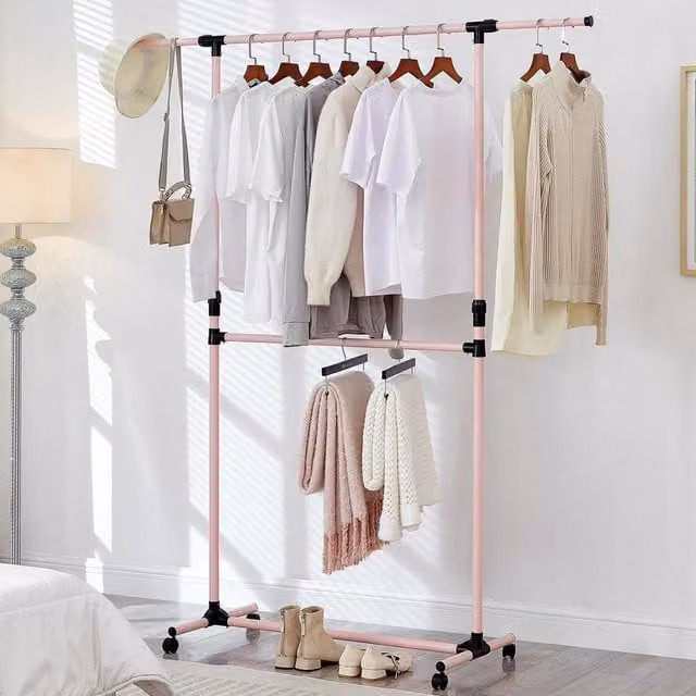 House Of Home Pink Metal 2 Tier Clothes Rail with Wheels, H: 198 cm, H: 101 cm