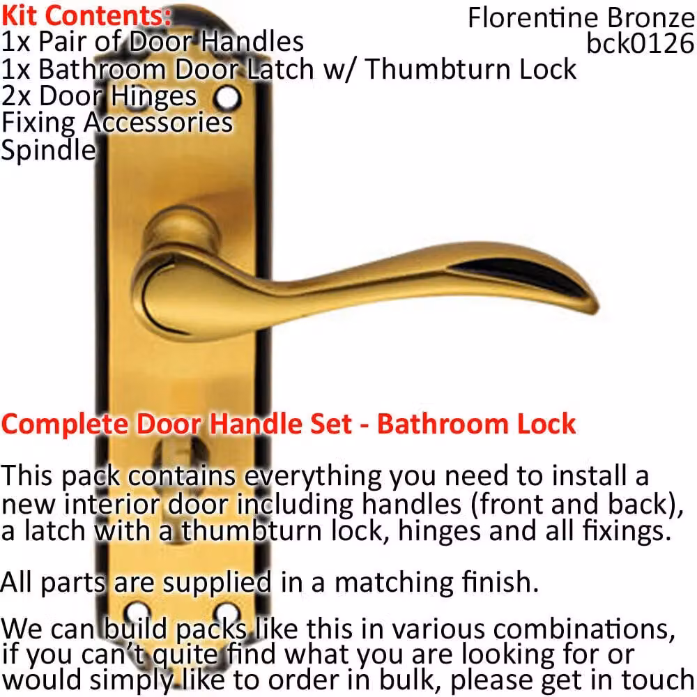 Loops Bronze Curved Lever Door Handle and Bathroom Lock Pack with Thumb Turn and Backplate – 2