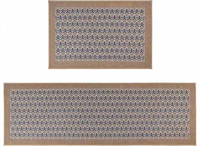 JVL Allure Machine Washable Non-Slip Doormat and Runner Set in Beige and Brown with Geometric Graphic Design