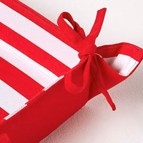 Homescapes Reversible Red Striped Bread Basket with Foldable 100% Cotton Fabric Liner – 3