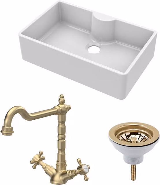 Balterley White Ceramic 1 Bowl Butler Sink with Tap Ledge and Waste in Brushed Brass, W: 795 mm