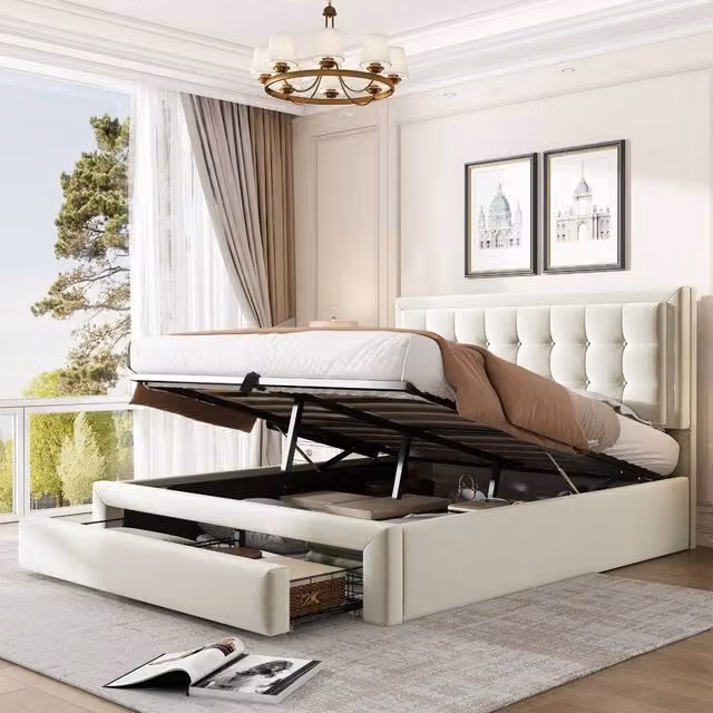 Rolipo Cream Velvet Upholstered Double Bed with Storage and Headboard, W: 140 cm, D: 200 cm – 1