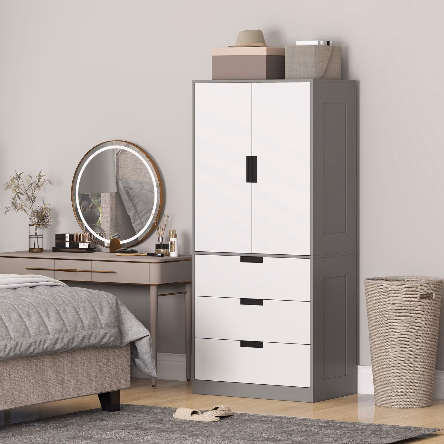 HOMCOM Modern 2 Door Wardrobe with 3 Internal Drawers and Hanging Rod in Grey and White – 2