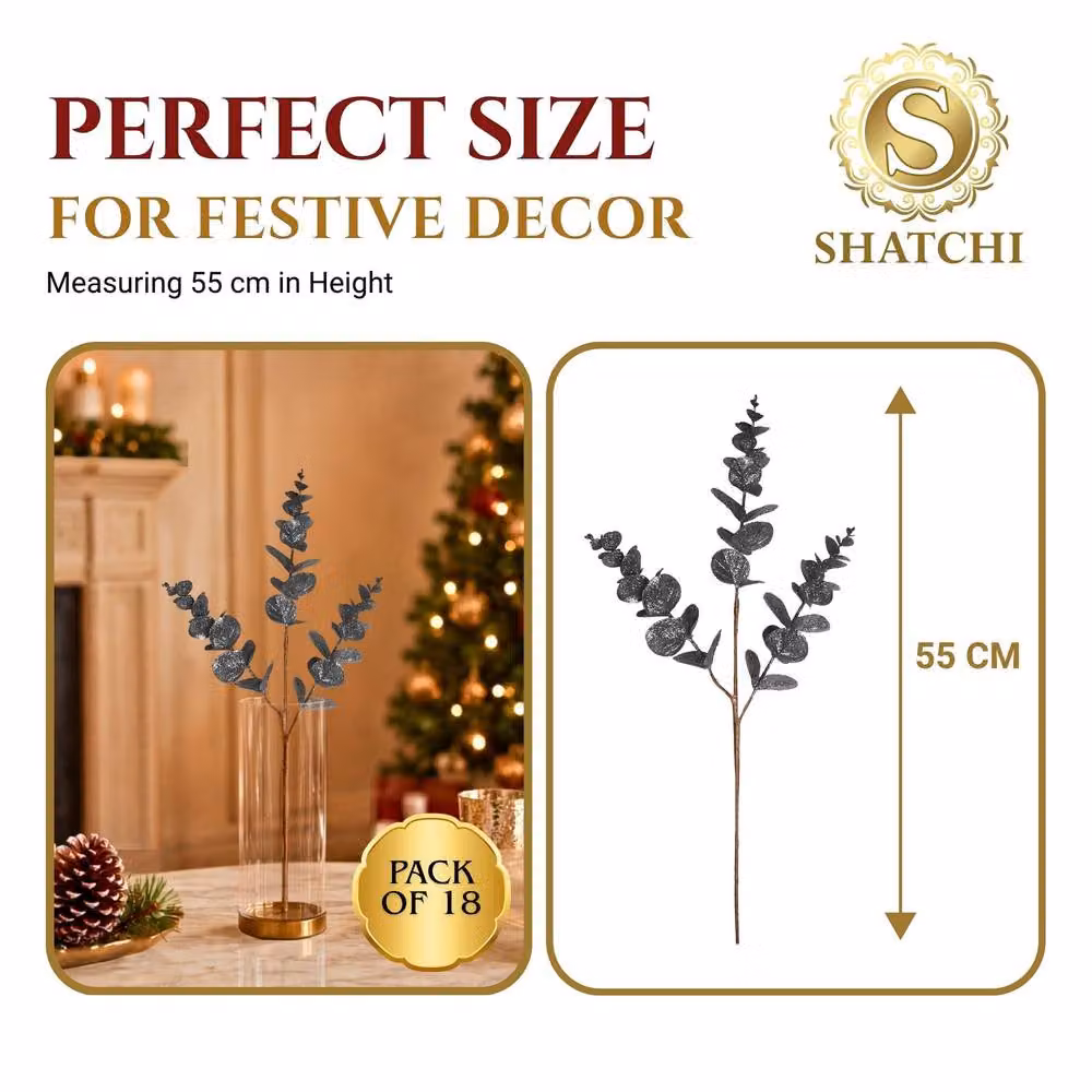 Shatchi Grey Glitter Artificial Eucalyptus Christmas Tree Picks, 6 Pack, Height: 55 cm – 3