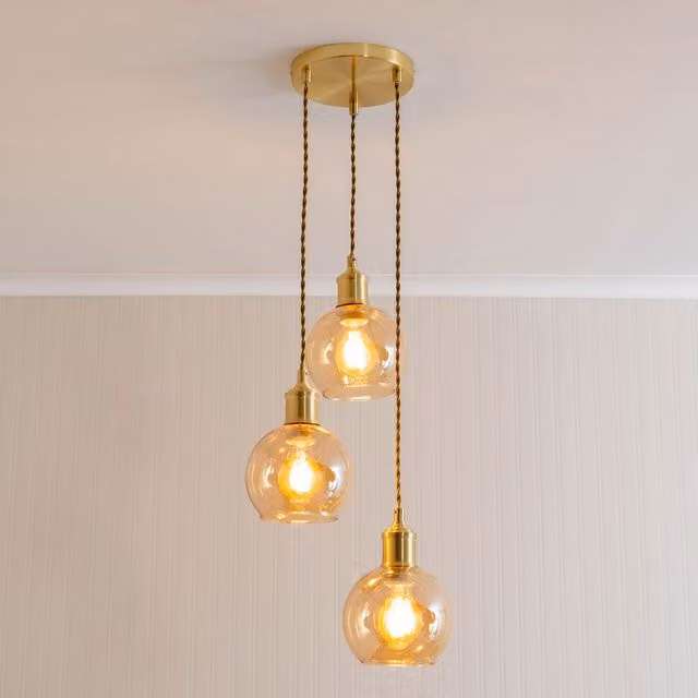 ValueLights Bellamy 3 Drop Cluster Amber Glass Globe Ceiling Pendant Light in Gold/Brass with Bulbs – 1
