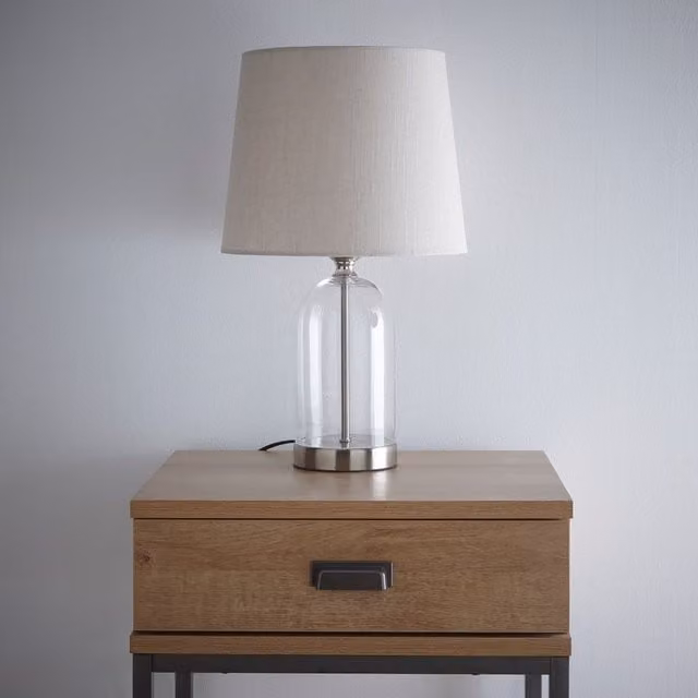 K LIVING Chelsea Glass Table Lamp with Beige Fabric Shade in Brushed Silver